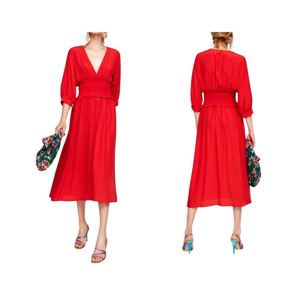 Zara Women's Red Mid-Calf Ruffled Elastic Waist Flowy Size Small Dress